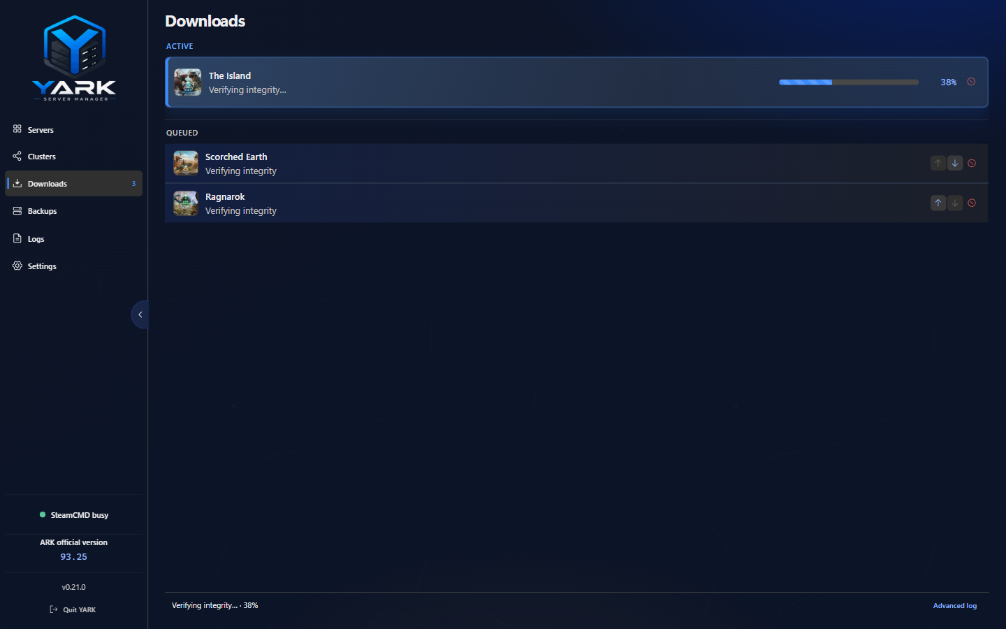 YARK Downloads queue with an active SteamCMD verify job, queued servers, and the live console panel on Windows
