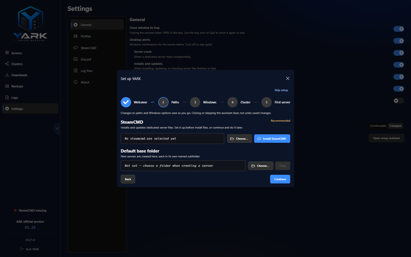 YARK first-run setup assistant showing SteamCMD and the default server-folder controls