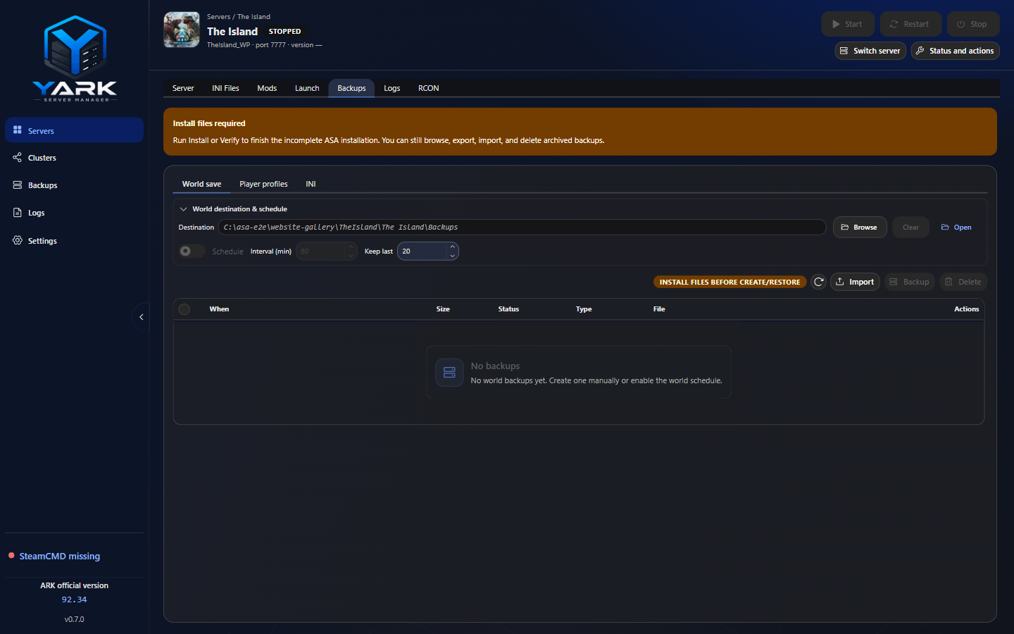 Per-server Backups tab with destination, schedule, Import, and Backup actions