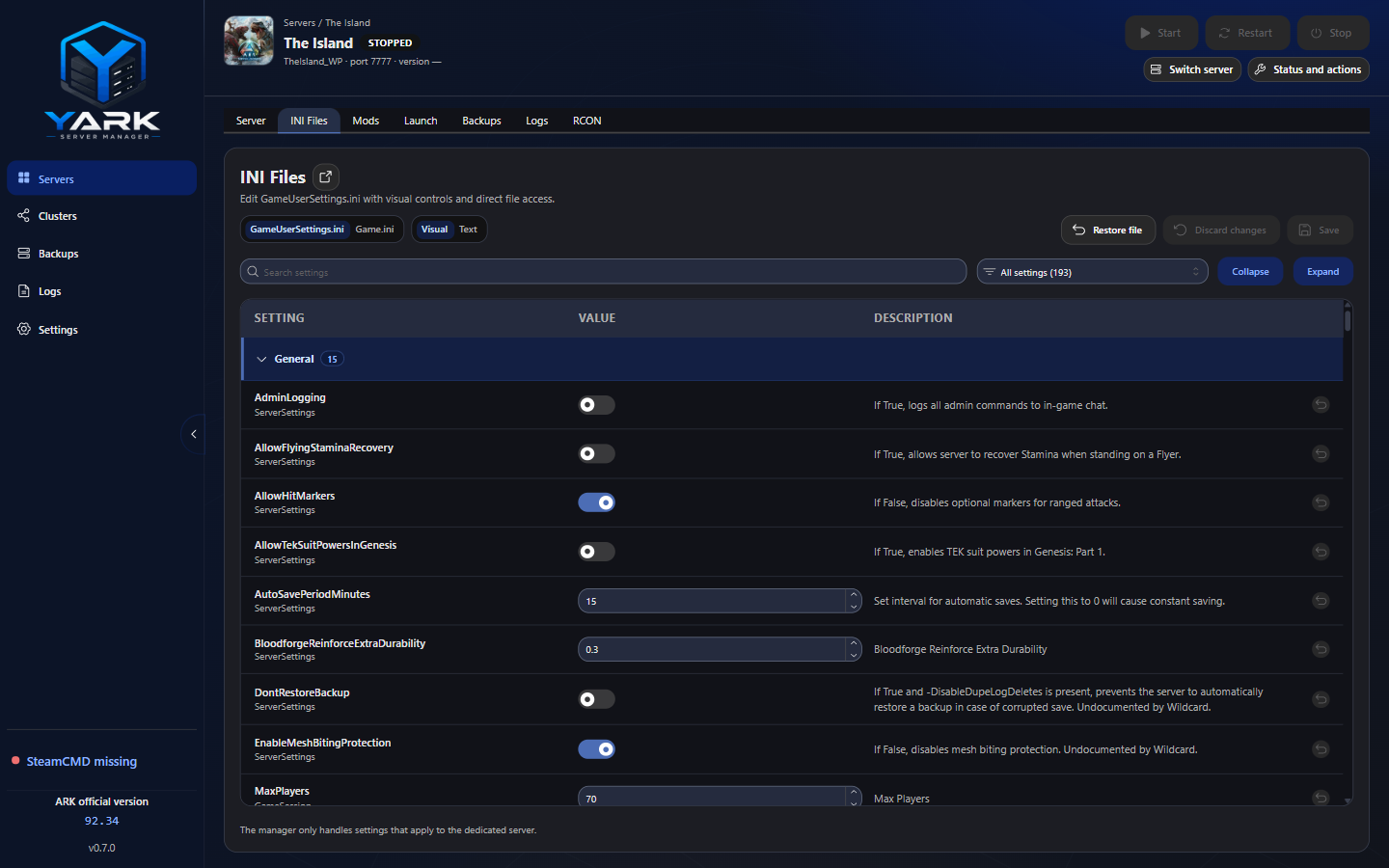 Visual INI editor showing GameUserSettings.ini options with toggles, values, and descriptions